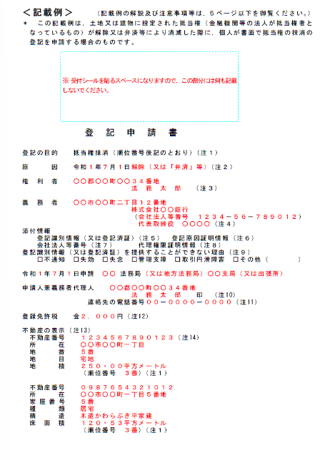 抵当権抹消登記申請書の記載例