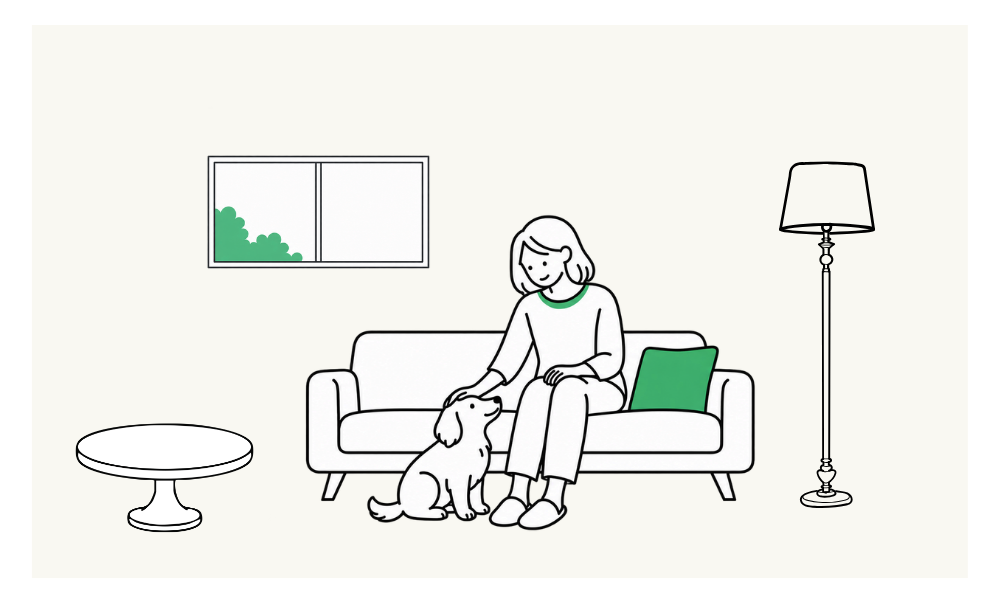 ソファに座ってペットをなでる飼い主のイラスト