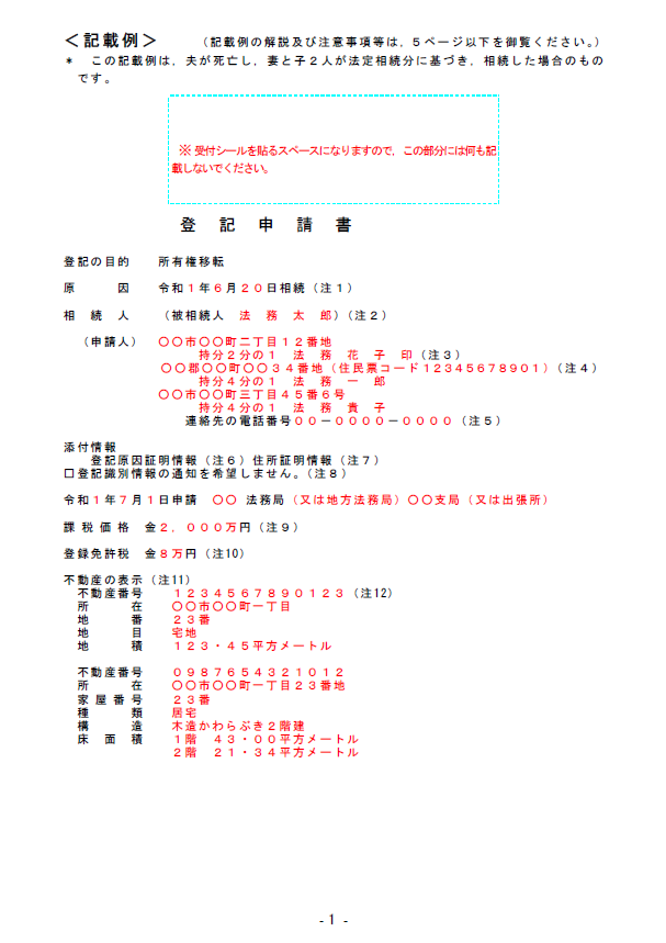 所有権移転登記申請書（法定相続）の記入例