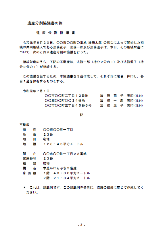 遺産分割協議書の例