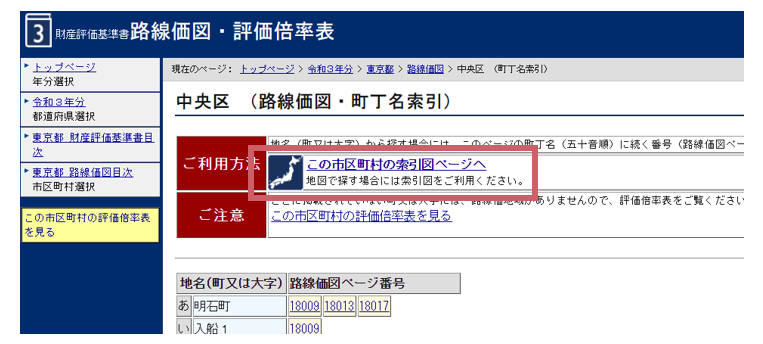 索引図から調べたい路線価を選択する