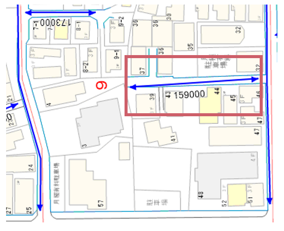 土地の1平方メートルあたりの価額が道路上に記載